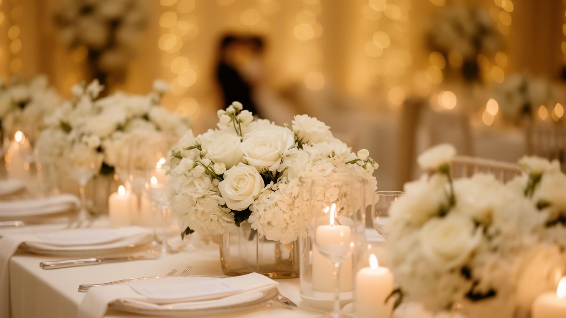 Soft cinematic wedding florals with warm bokeh
